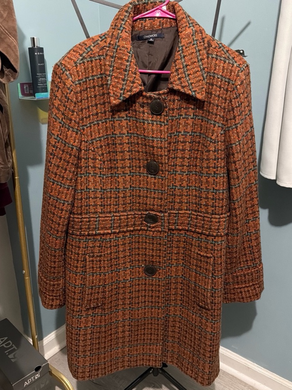 Vintage Chadwicks Orange Plaid Wool-Blend Pea Coat